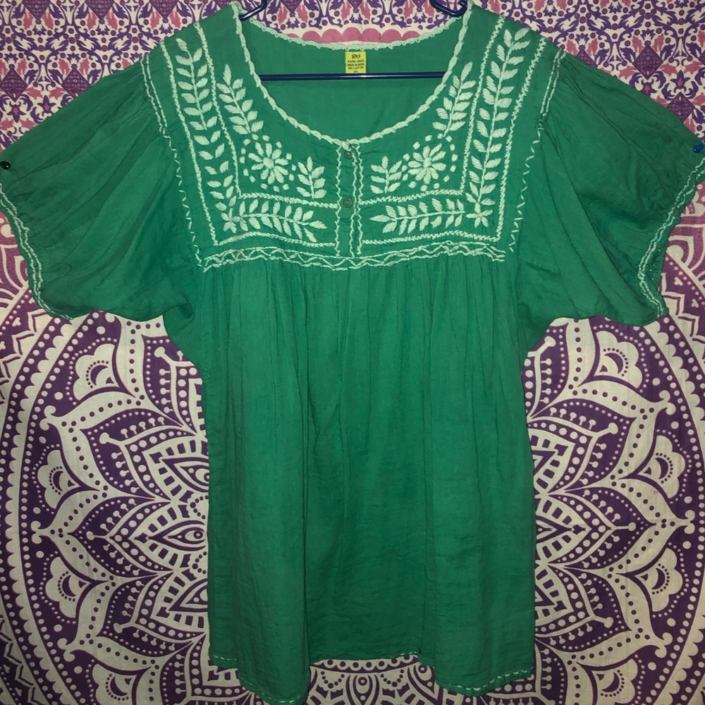Green Blouse with a white lace pattern